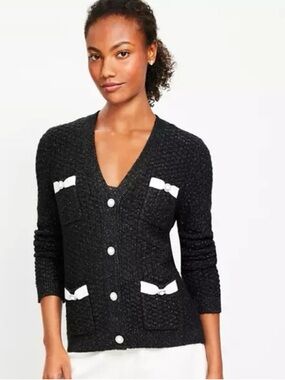 LOFT black metallic textured knit cardigan with white bows and jeweled buttons S